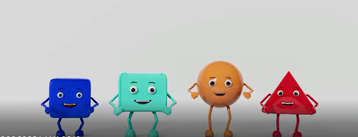 Animated cartoon characters representing square, circle, rectangle, and triangle for kids learning